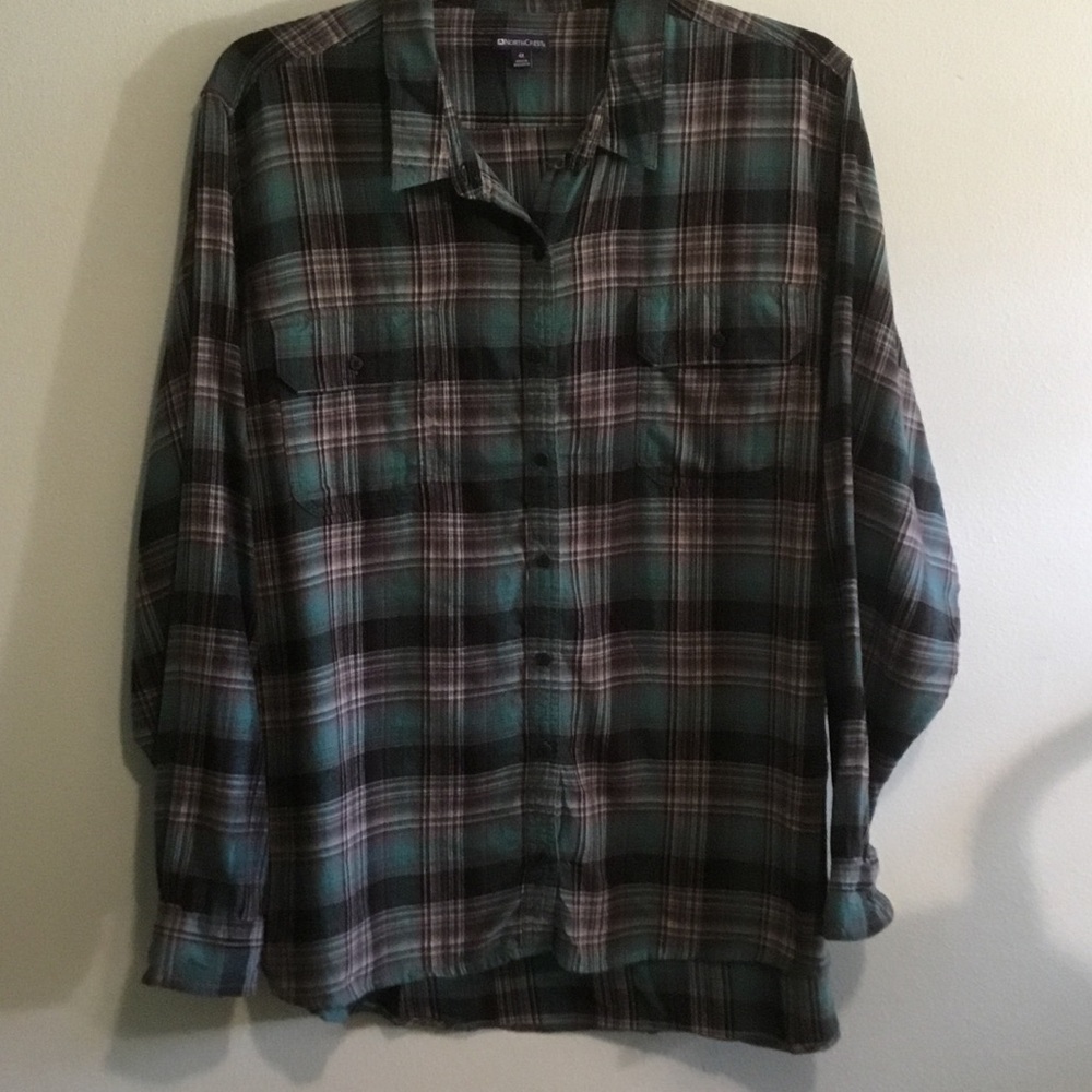 Plaid Button-Up Shirt in Green/Teal, Black & Gray